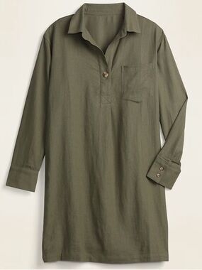 Old Navy Olive Green Linen Blend Shift Dress Medium Collared Shirt Dress